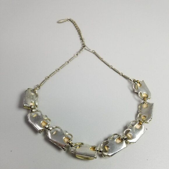 Vintage Cream Lucite Rectangle Cabochon Panel Collar Necklace, Silver Tone Chain - Picture 4 of 8